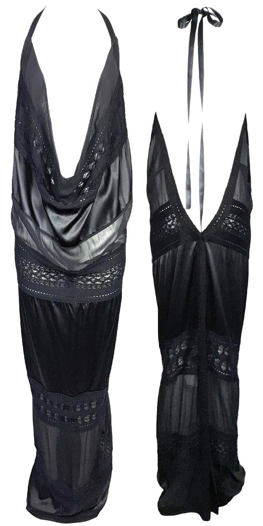 NWT 2008 Gianfranco Ferre Sheer Black Knit & Silk Plunging Backless Halter Maxi Gown Dress