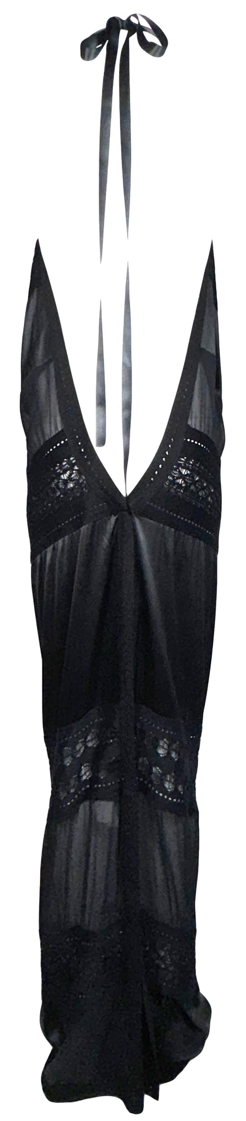 NWT 2008 Gianfranco Ferre Sheer Black Knit & Silk Plunging Backless Halter Maxi Gown Dress