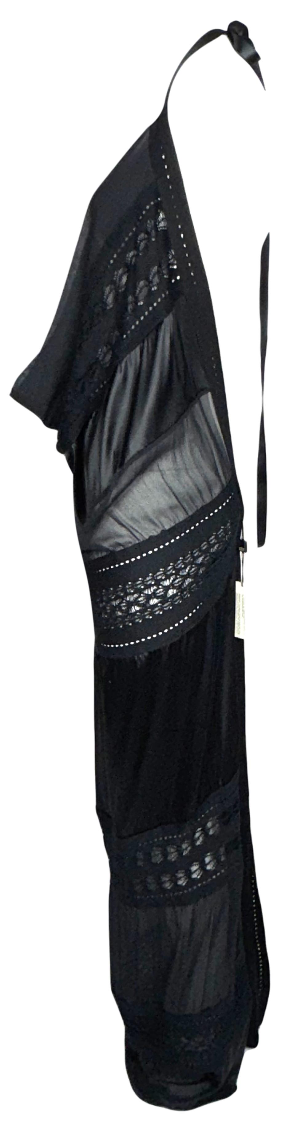 NWT 2008 Gianfranco Ferre Sheer Black Knit & Silk Plunging Backless Halter Maxi Gown Dress