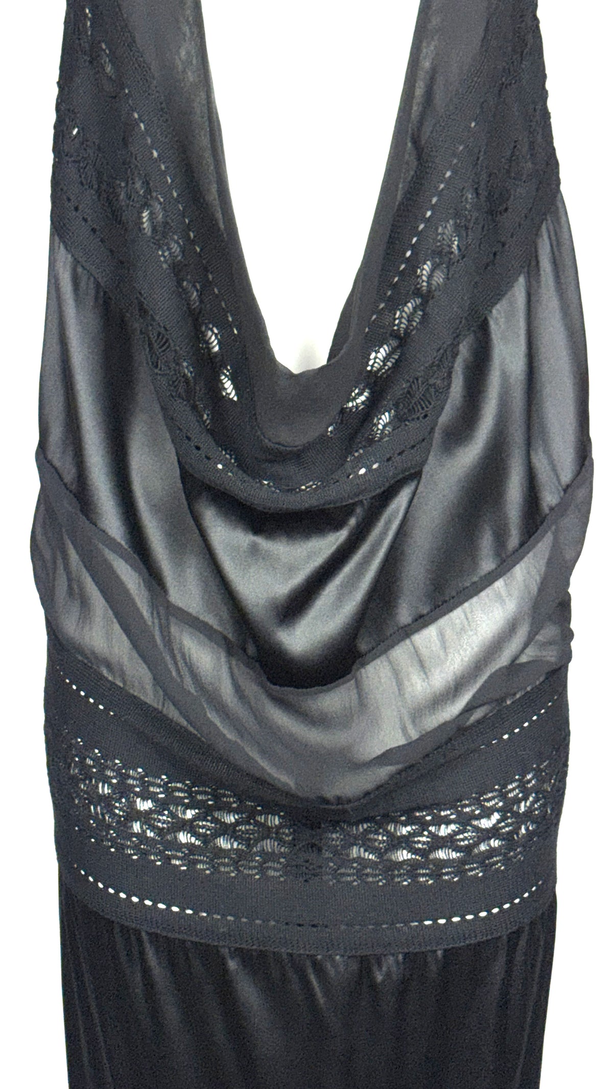 NWT 2008 Gianfranco Ferre Sheer Black Knit & Silk Plunging Backless Halter Maxi Gown Dress