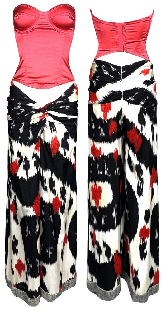 2000's Gianfranco Ferre Red Strapless Pin-Up Bustier Top & Beaded Wide Leg Ikat Low Rise Pants Set