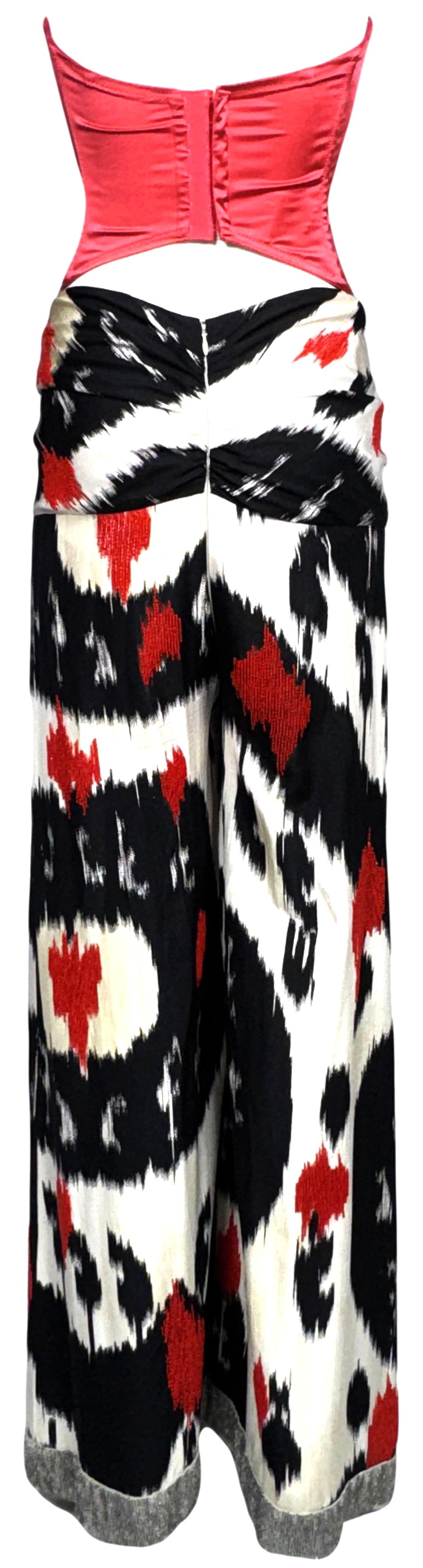 2000's Gianfranco Ferre Red Strapless Pin-Up Bustier Top & Beaded Wide Leg Ikat Low Rise Pants Set
