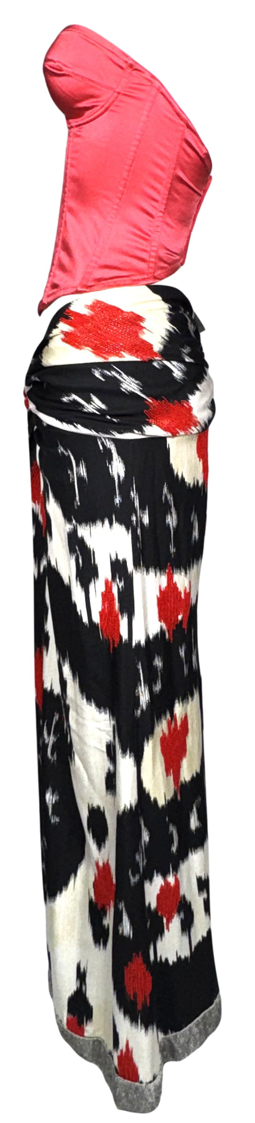 2000's Gianfranco Ferre Red Strapless Pin-Up Bustier Top & Beaded Wide Leg Ikat Low Rise Pants Set