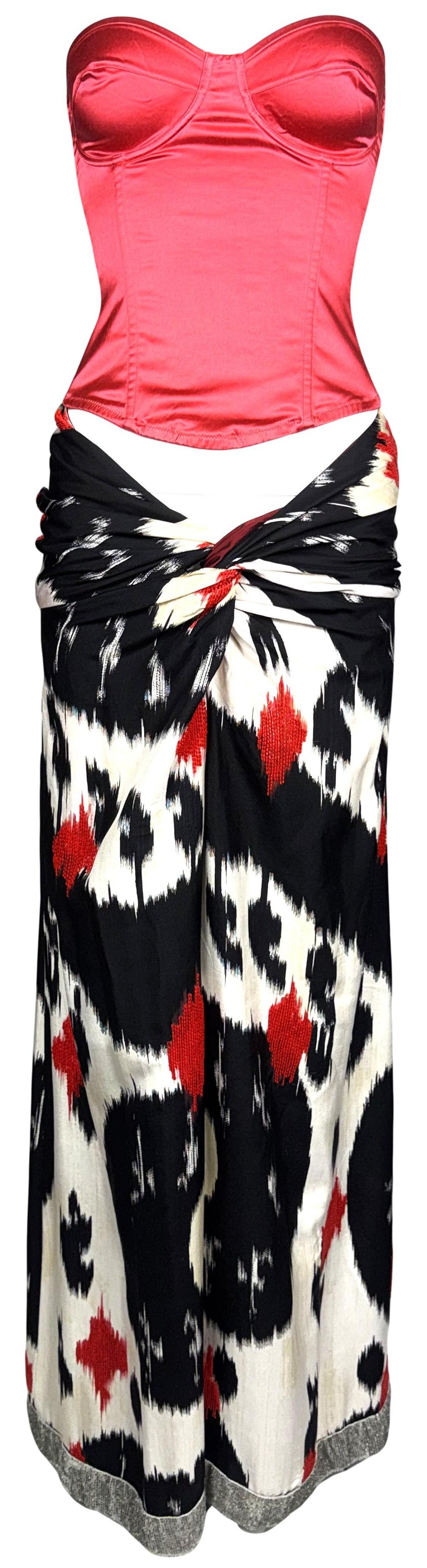 2000's Gianfranco Ferre Red Strapless Pin-Up Bustier Top & Beaded Wide Leg Ikat Low Rise Pants Set