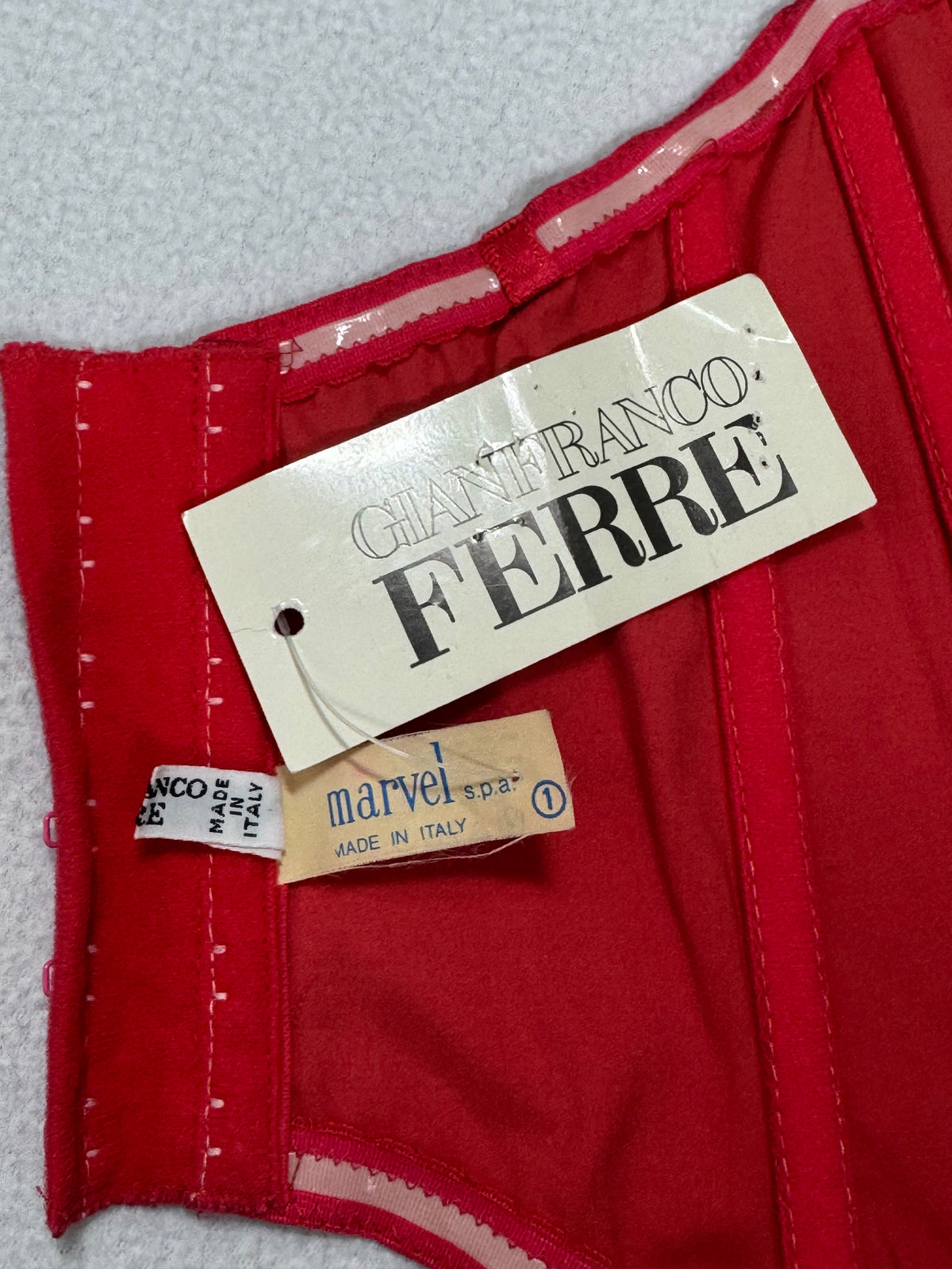 2000's Gianfranco Ferre Red Strapless Pin-Up Bustier Top & Beaded Wide Leg Ikat Low Rise Pants Set
