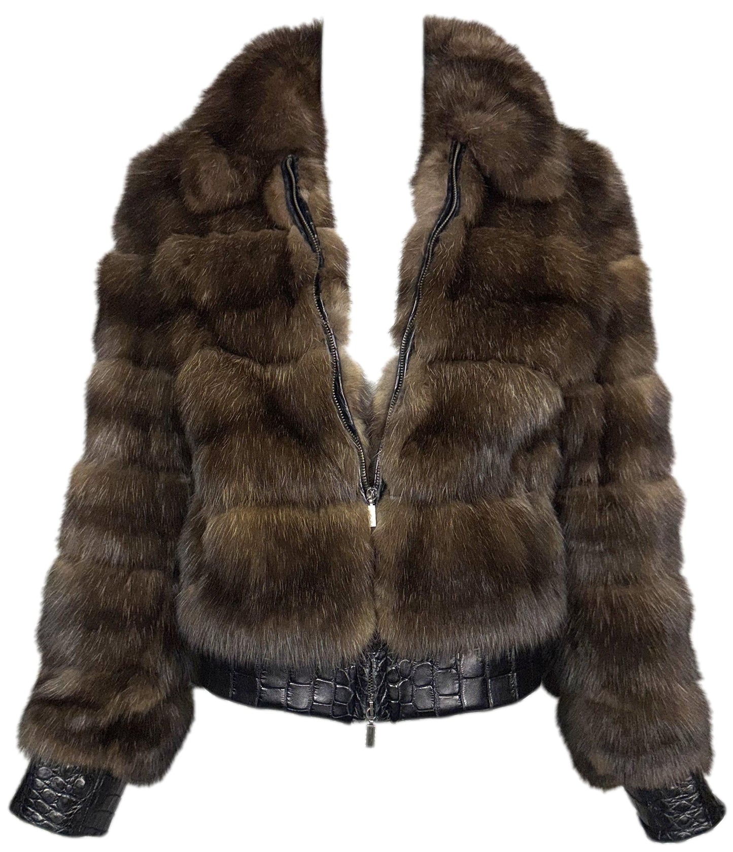 2000's Gianfranco Ferre Sable Fur & Crocodile Chubby Short Motorcycle Cut Jacket Coat