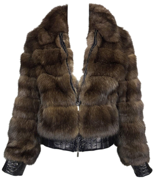 2000's Gianfranco Ferre Sable Fur & Crocodile Chubby Short Motorcycle Cut Jacket Coat