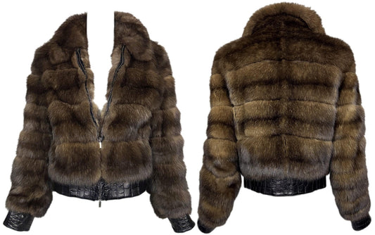 2000's Gianfranco Ferre Sable Fur & Crocodile Chubby Short Motorcycle Cut Jacket Coat