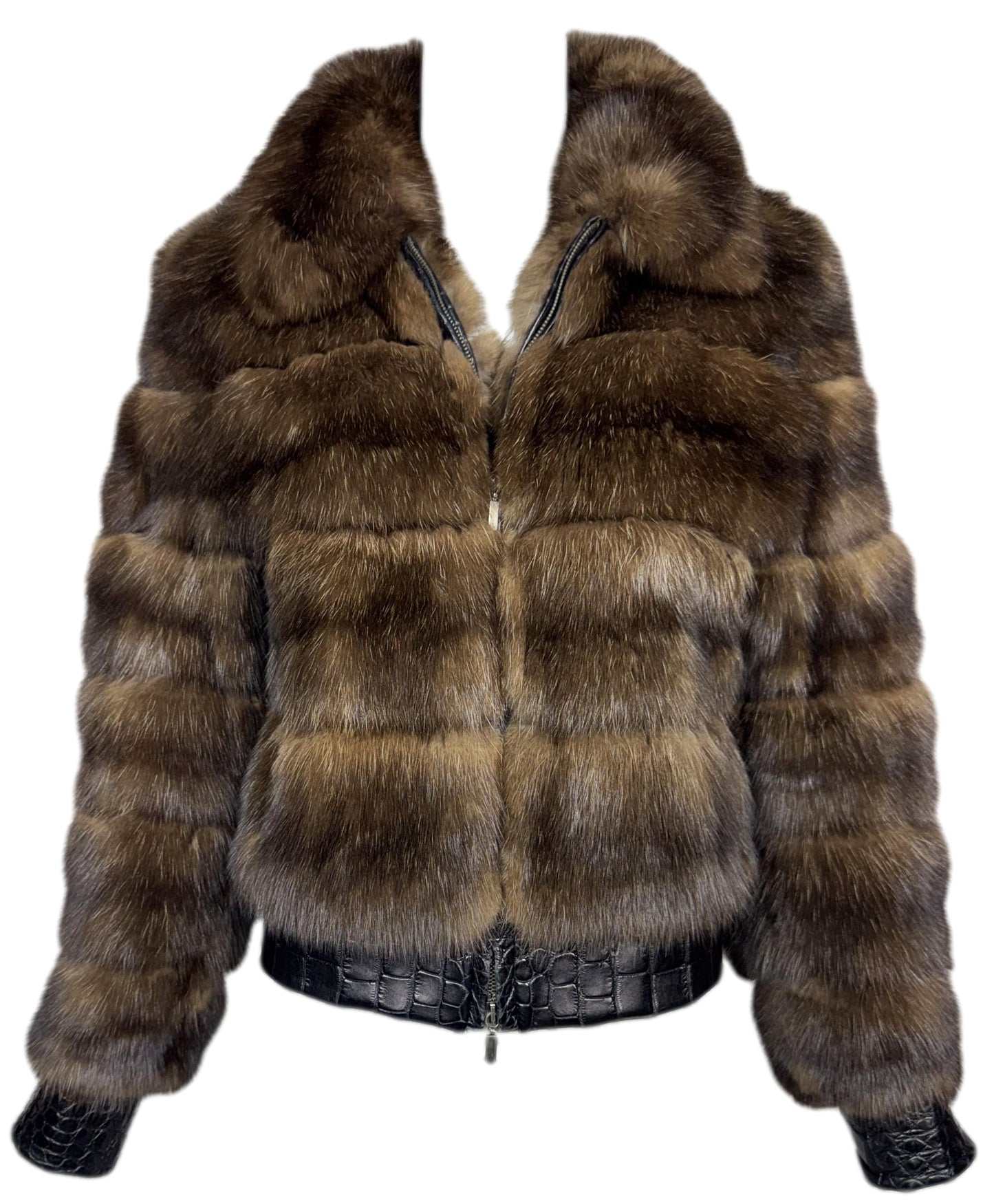2000's Gianfranco Ferre Sable Fur & Crocodile Chubby Short Motorcycle Cut Jacket Coat