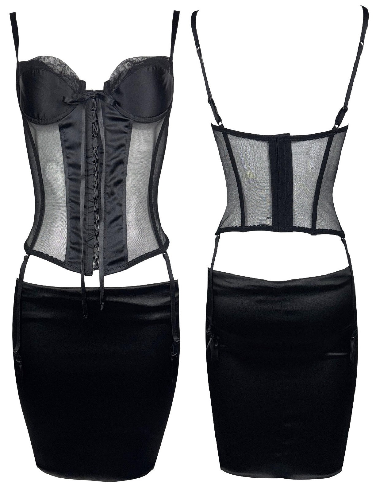 2000's Gianfranco Ferre Sheer Black Mesh Bustier Corset Top w Garters & Mini Bodycon Low Rise Skirt Set