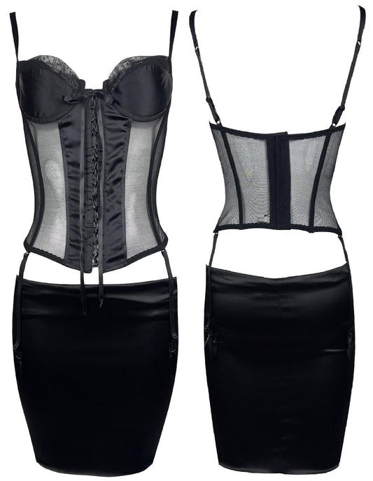 2000's Gianfranco Ferre Sheer Black Mesh Bustier Corset Top w Garters & Mini Bodycon Low Rise Skirt Set
