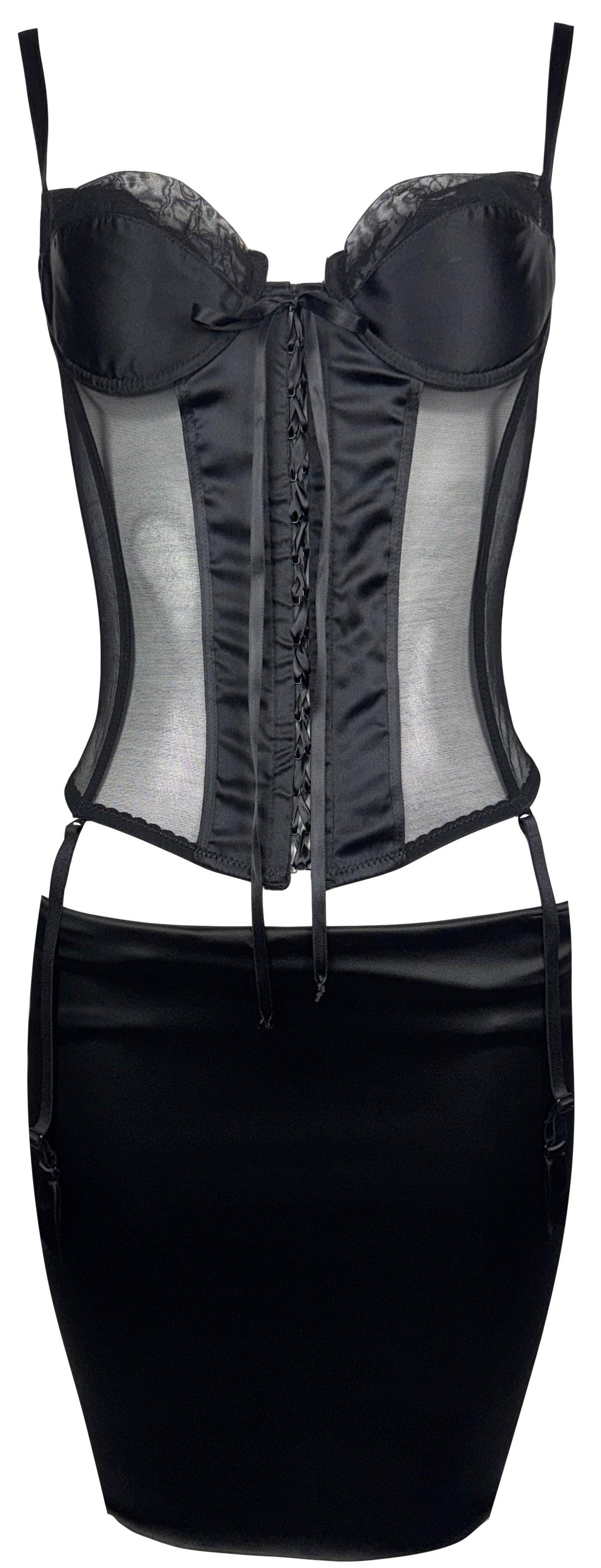 2000's Gianfranco Ferre Sheer Black Mesh Bustier Corset Top w Garters & Mini Bodycon Low Rise Skirt Set