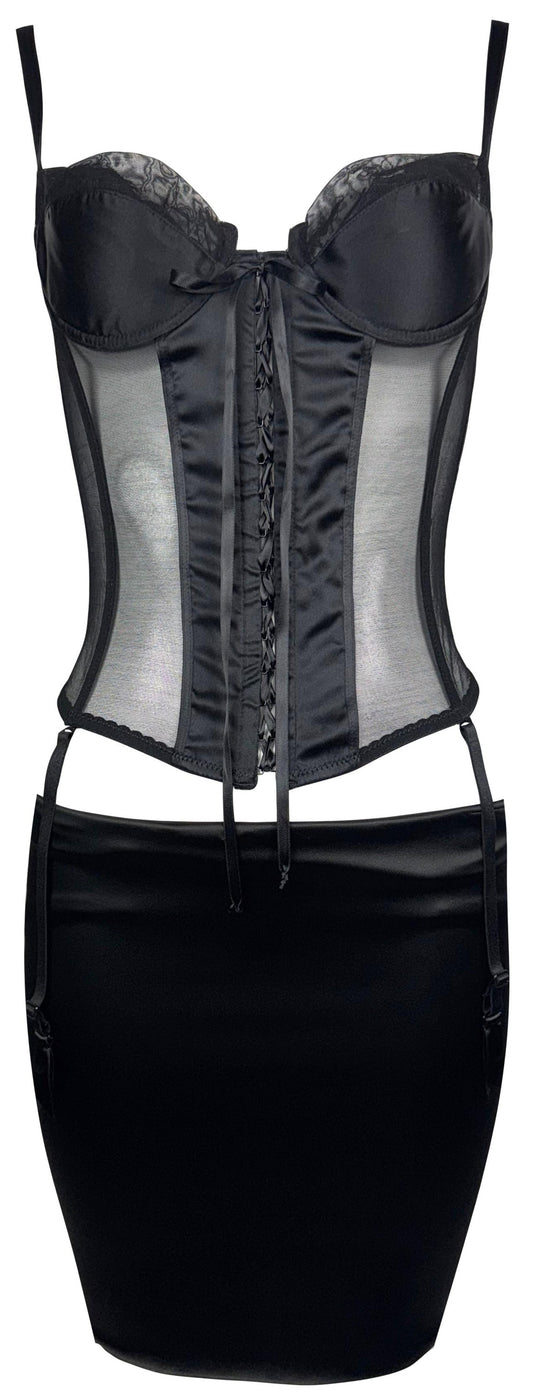 2000's Gianfranco Ferre Sheer Black Mesh Bustier Corset Top w Garters & Mini Bodycon Low Rise Skirt Set