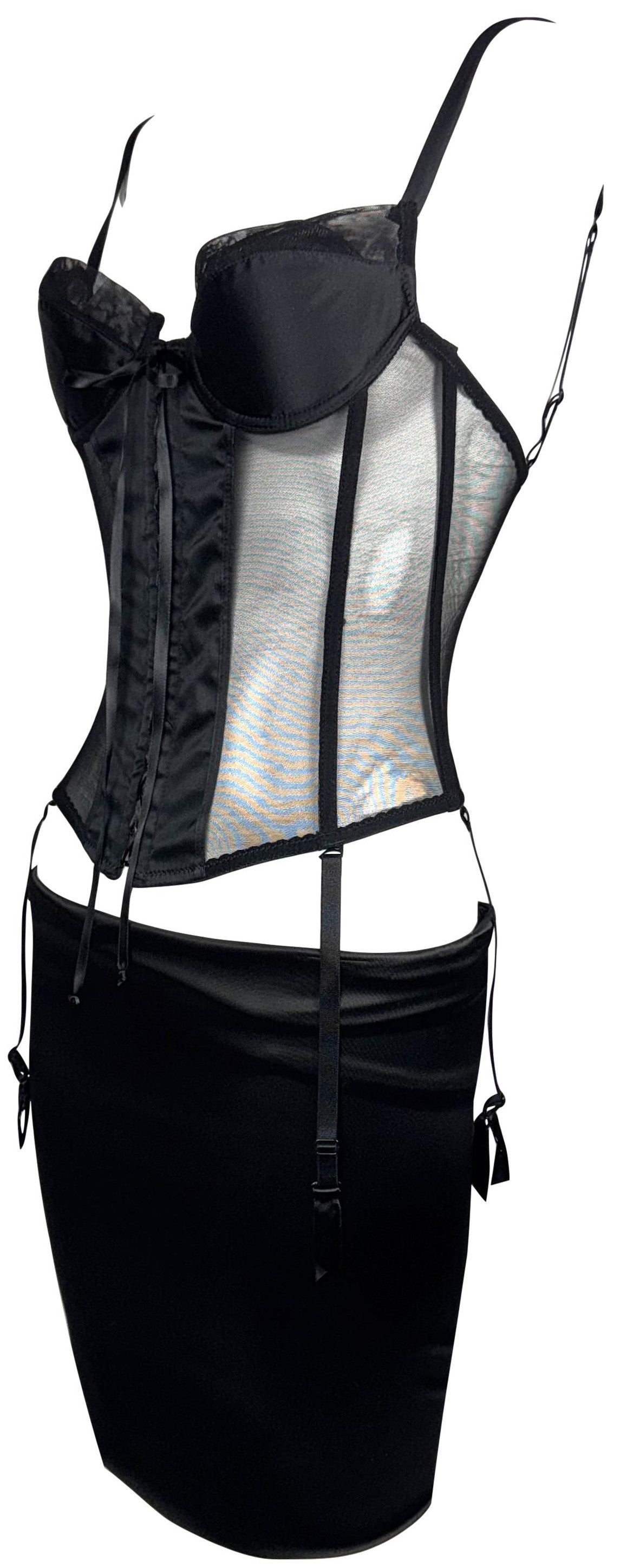 2000's Gianfranco Ferre Sheer Black Mesh Bustier Corset Top w Garters & Mini Bodycon Low Rise Skirt Set