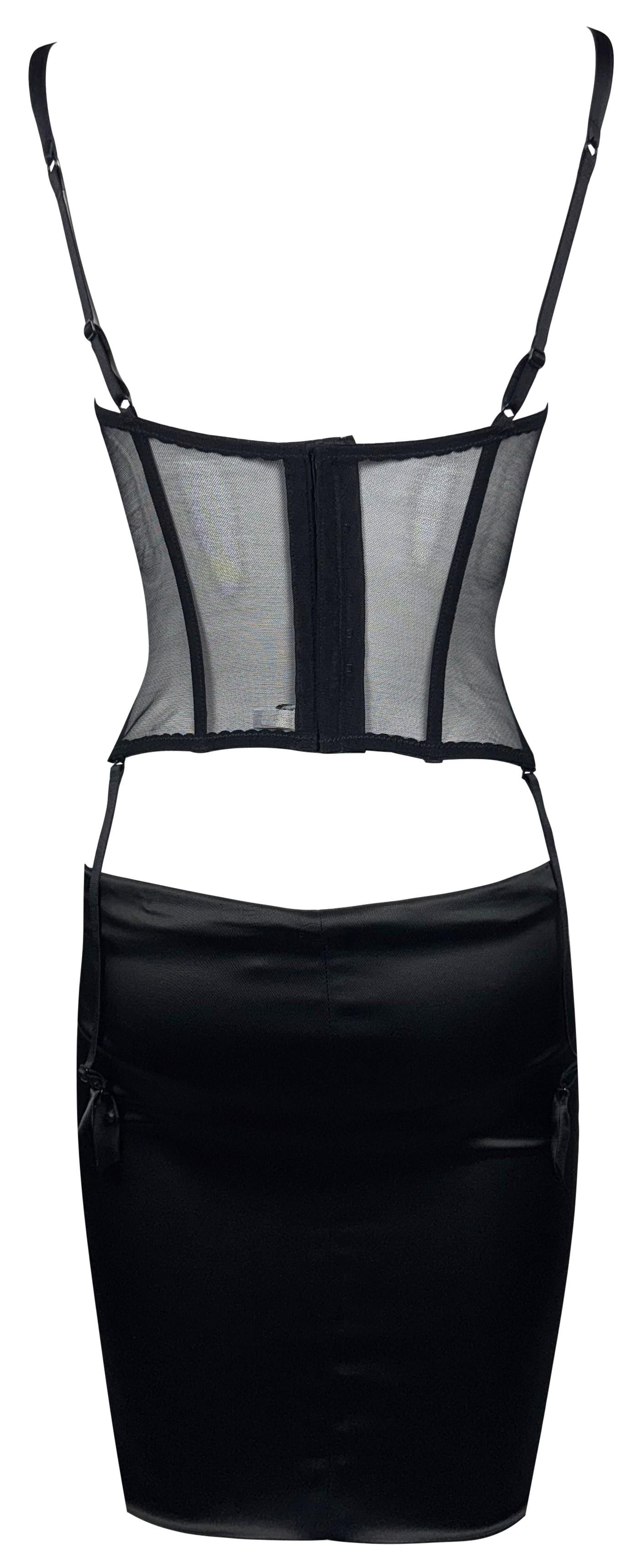 2000's Gianfranco Ferre Sheer Black Mesh Bustier Corset Top w Garters & Mini Bodycon Low Rise Skirt Set