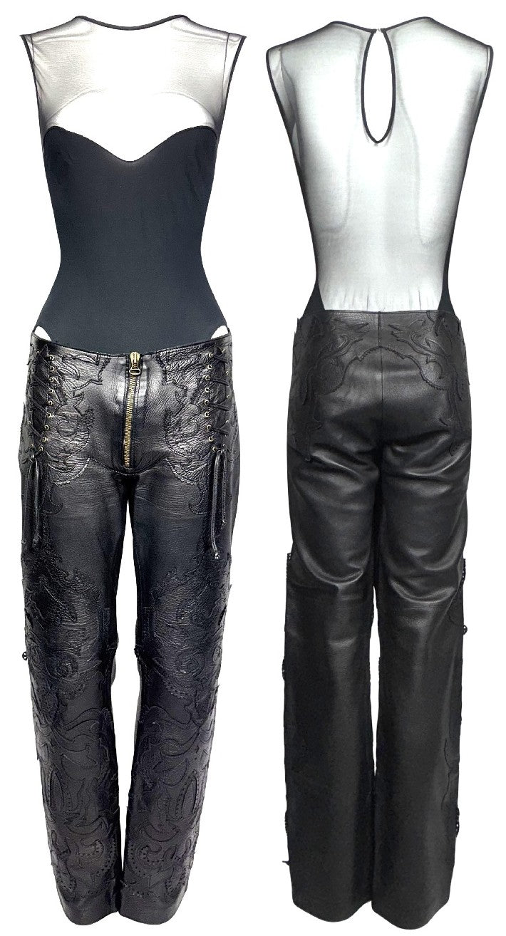 2000's Gianfranco Ferre Sheer Black Mesh Fishnet Bodysuit Top & Western Leather Pants Set