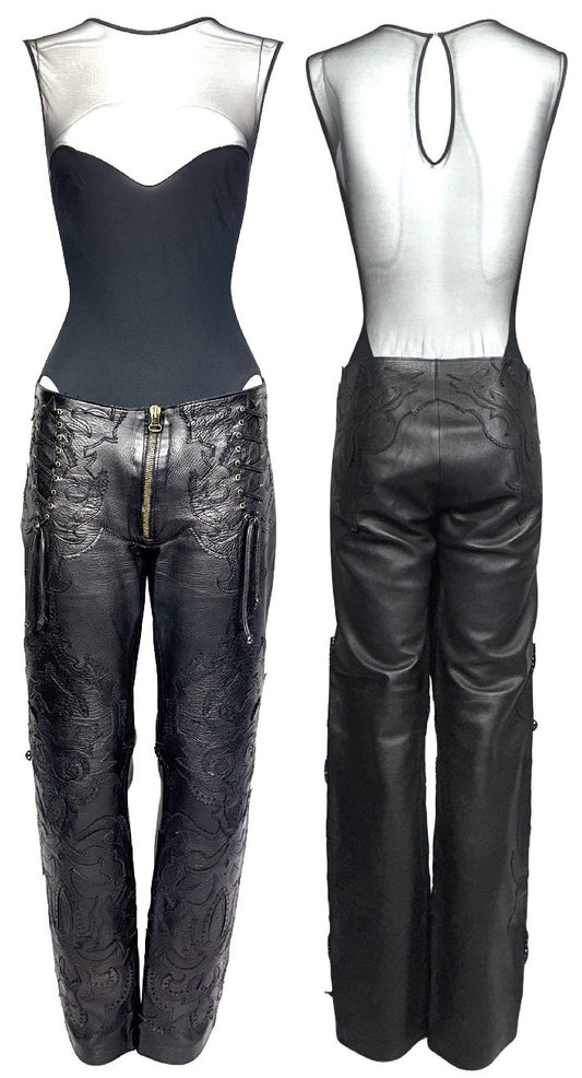2000's Gianfranco Ferre Sheer Black Mesh Fishnet Bodysuit Top & Western Leather Pants Set