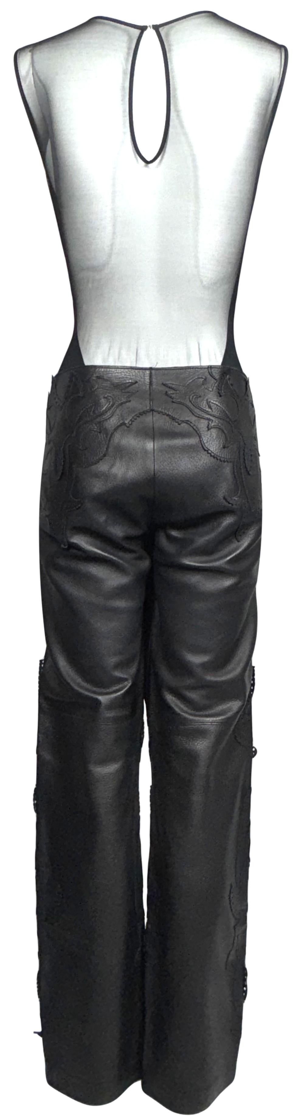 2000's Gianfranco Ferre Sheer Black Mesh Fishnet Bodysuit Top & Western Leather Pants Set