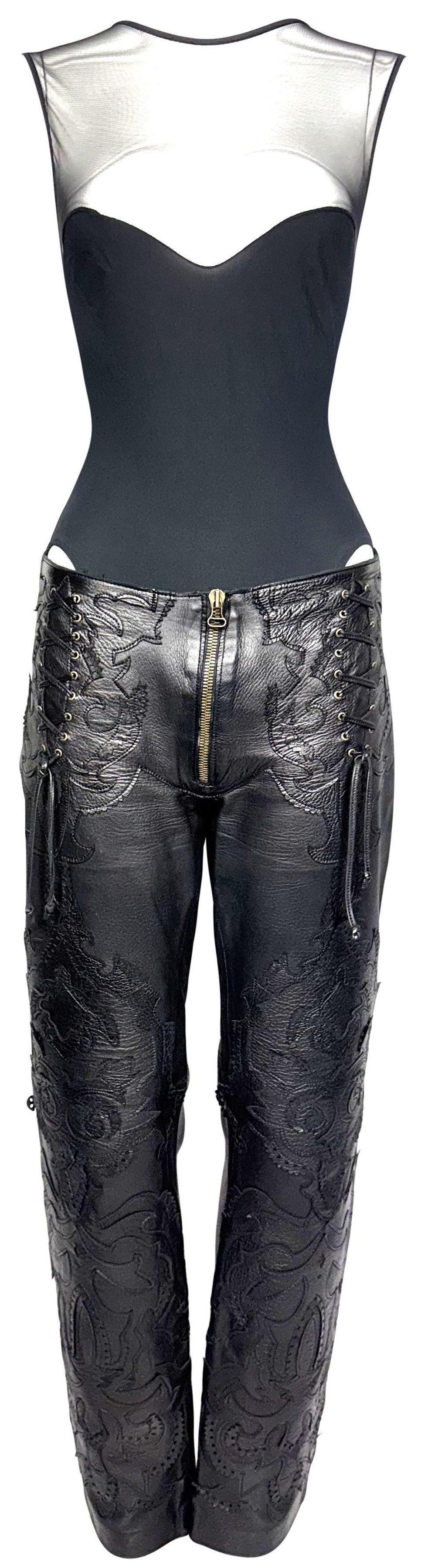 2000's Gianfranco Ferre Sheer Black Mesh Fishnet Bodysuit Top & Western Leather Pants Set