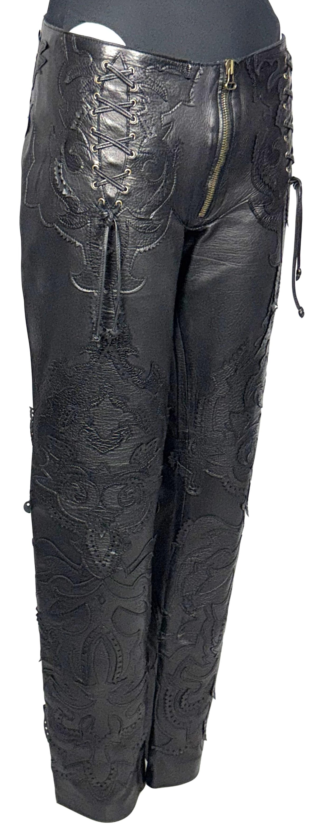 2000's Gianfranco Ferre Sheer Black Mesh Fishnet Bodysuit Top & Western Leather Pants Set