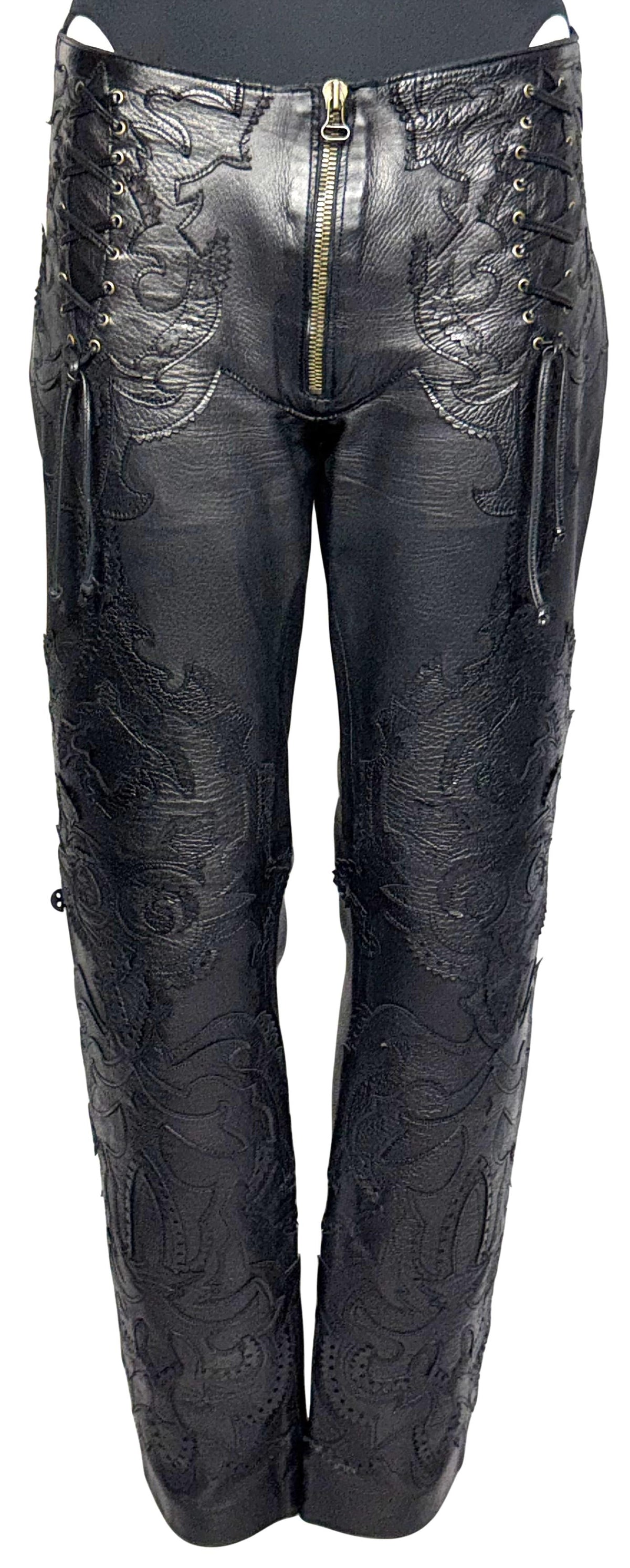2000's Gianfranco Ferre Sheer Black Mesh Fishnet Bodysuit Top & Western Leather Pants Set