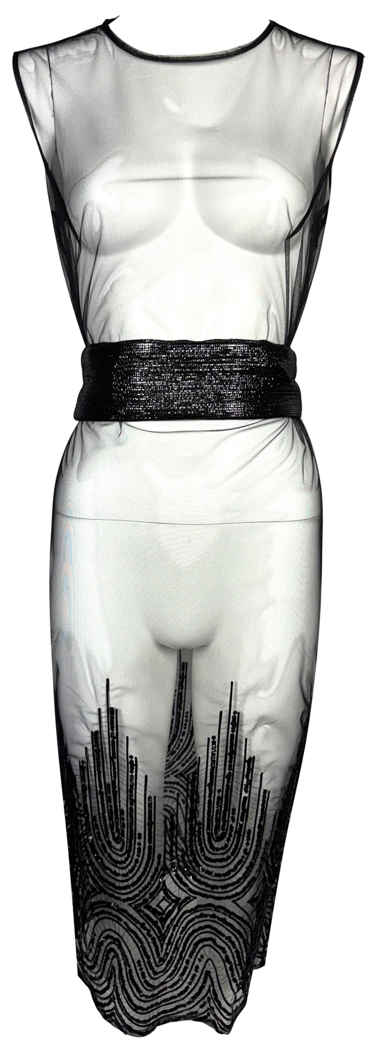 2000's Gianfranco Ferre Embellished Sheer Black Fishnet Mesh Pencil Midi Dress w Wide Obi Kimono Belt