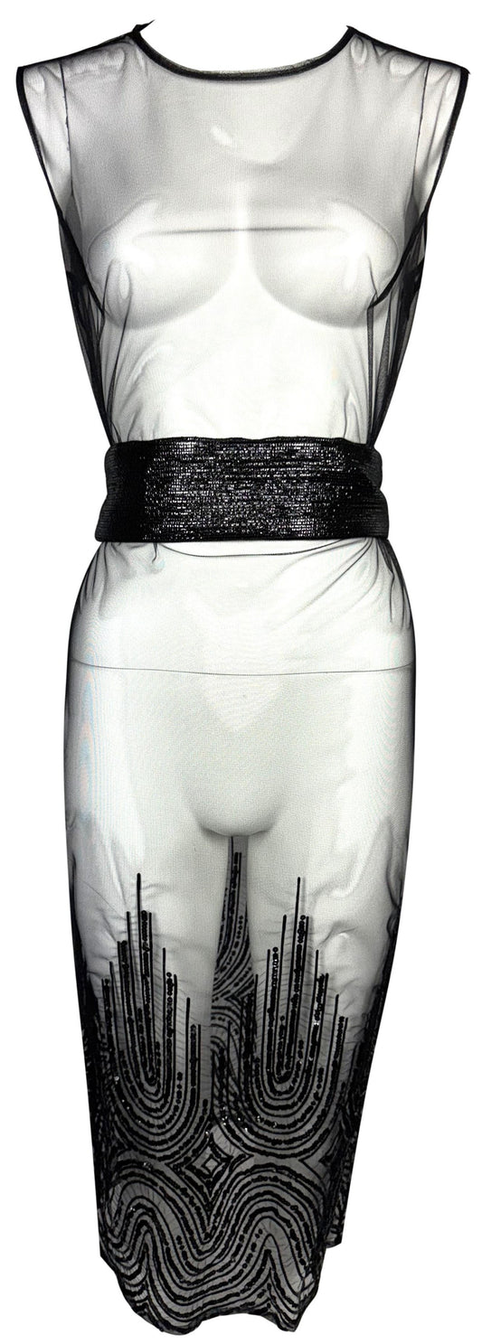 2000's Gianfranco Ferre Embellished Sheer Black Fishnet Mesh Pencil Midi Dress w Wide Obi Kimono Belt