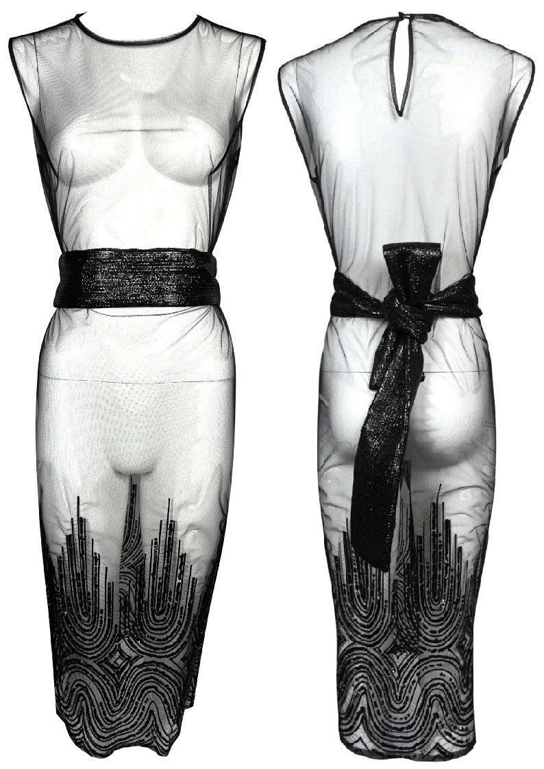 2000's Gianfranco Ferre Embellished Sheer Black Fishnet Mesh Pencil Midi Dress w Wide Obi Kimono Belt