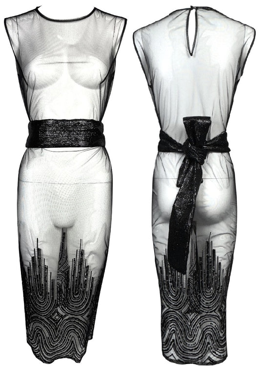 2000's Gianfranco Ferre Embellished Sheer Black Fishnet Mesh Pencil Midi Dress w Wide Obi Kimono Belt