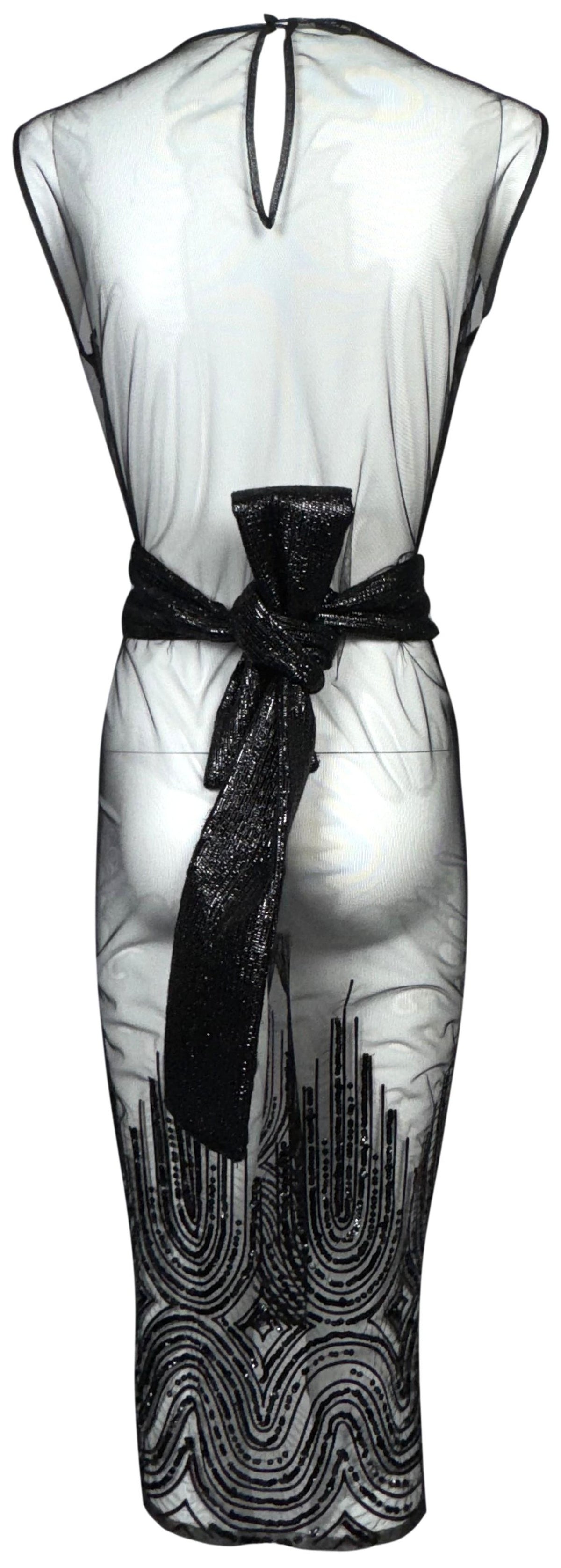 2000's Gianfranco Ferre Embellished Sheer Black Fishnet Mesh Pencil Midi Dress w Wide Obi Kimono Belt