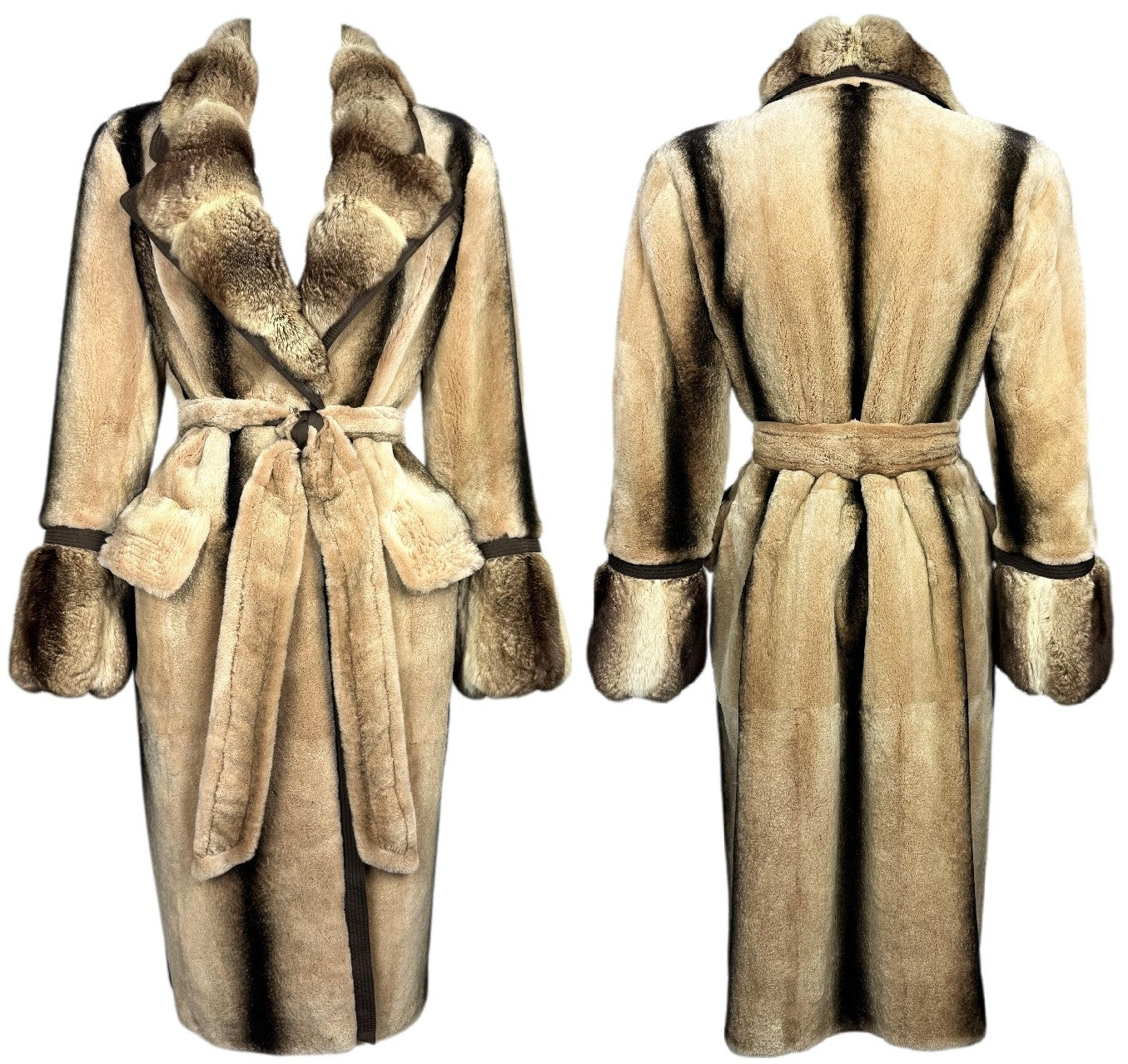 2000's Gianfranco Ferre Brown Chinchilla Fur Midi Length Fitted Robe Style Coat Jacket