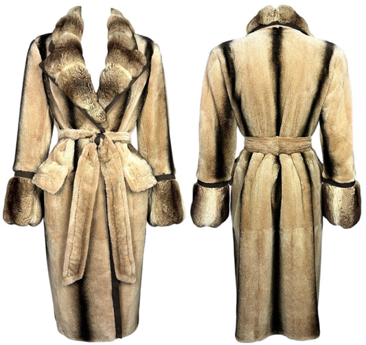 2000's Gianfranco Ferre Brown Chinchilla Fur Midi Length Fitted Robe Style Coat Jacket