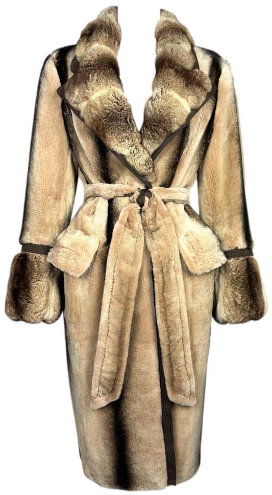 2000's Gianfranco Ferre Brown Chinchilla Fur Midi Length Fitted Robe Style Coat Jacket
