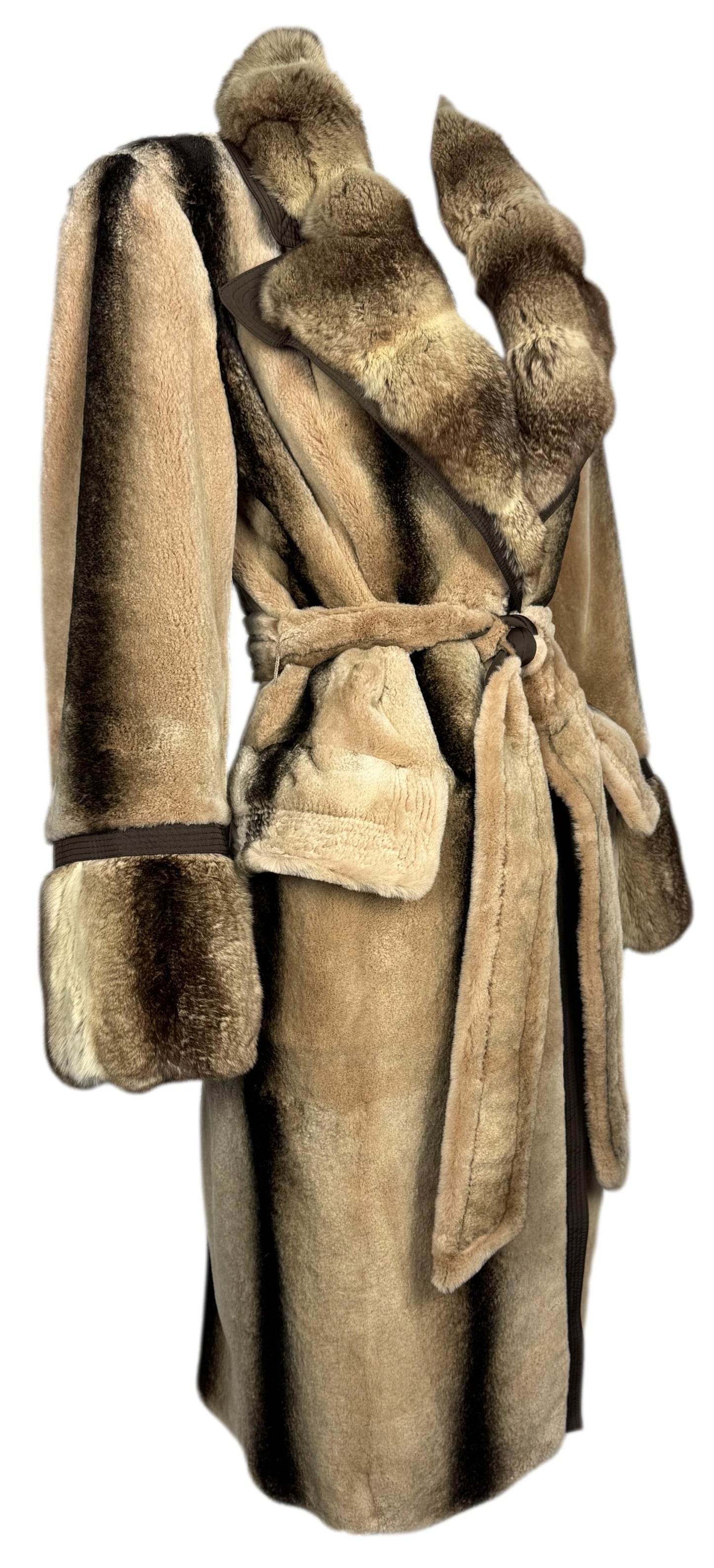 2000's Gianfranco Ferre Brown Chinchilla Fur Midi Length Fitted Robe Style Coat Jacket