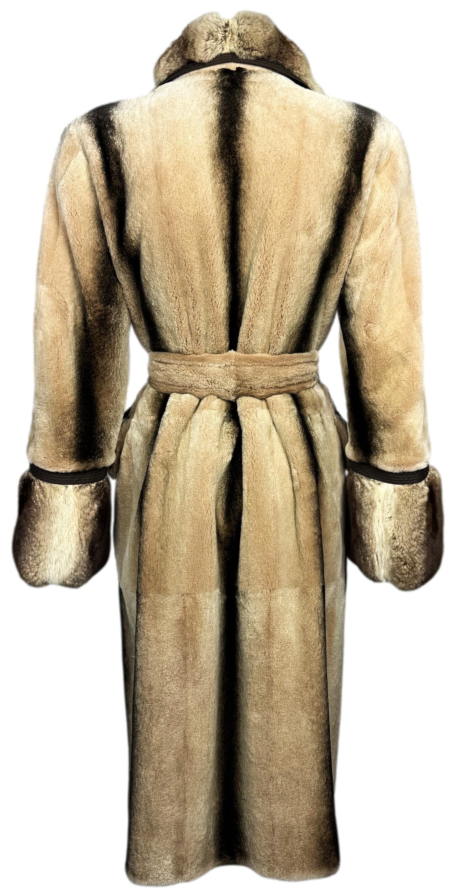 2000's Gianfranco Ferre Brown Chinchilla Fur Midi Length Fitted Robe Style Coat Jacket