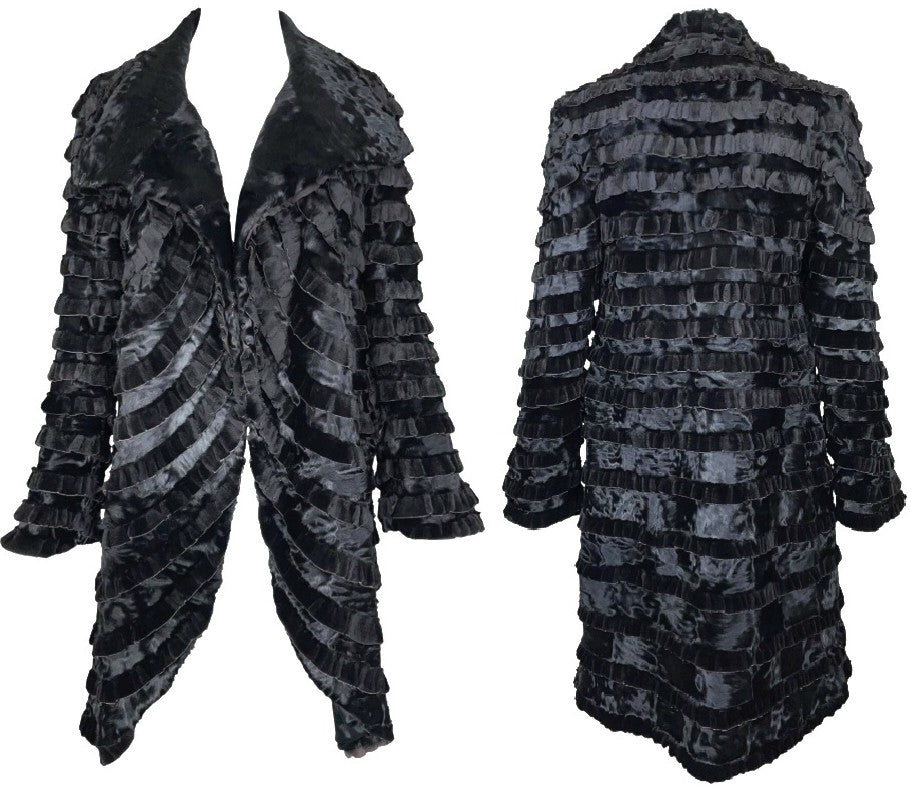 2000's Giorgio Armani Victorian Style Layered Ruffles Black Fur Coat Jacket