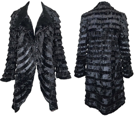 2000's Giorgio Armani Victorian Style Layered Ruffles Black Fur Coat Jacket