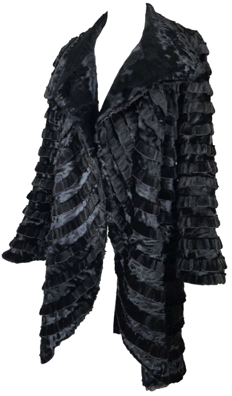 2000's Giorgio Armani Victorian Style Layered Ruffles Black Fur Coat Jacket