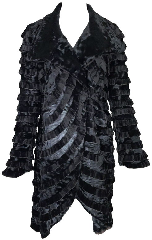 2000's Giorgio Armani Victorian Style Layered Ruffles Black Fur Coat Jacket