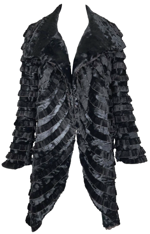 2000's Giorgio Armani Victorian Style Layered Ruffles Black Fur Coat Jacket