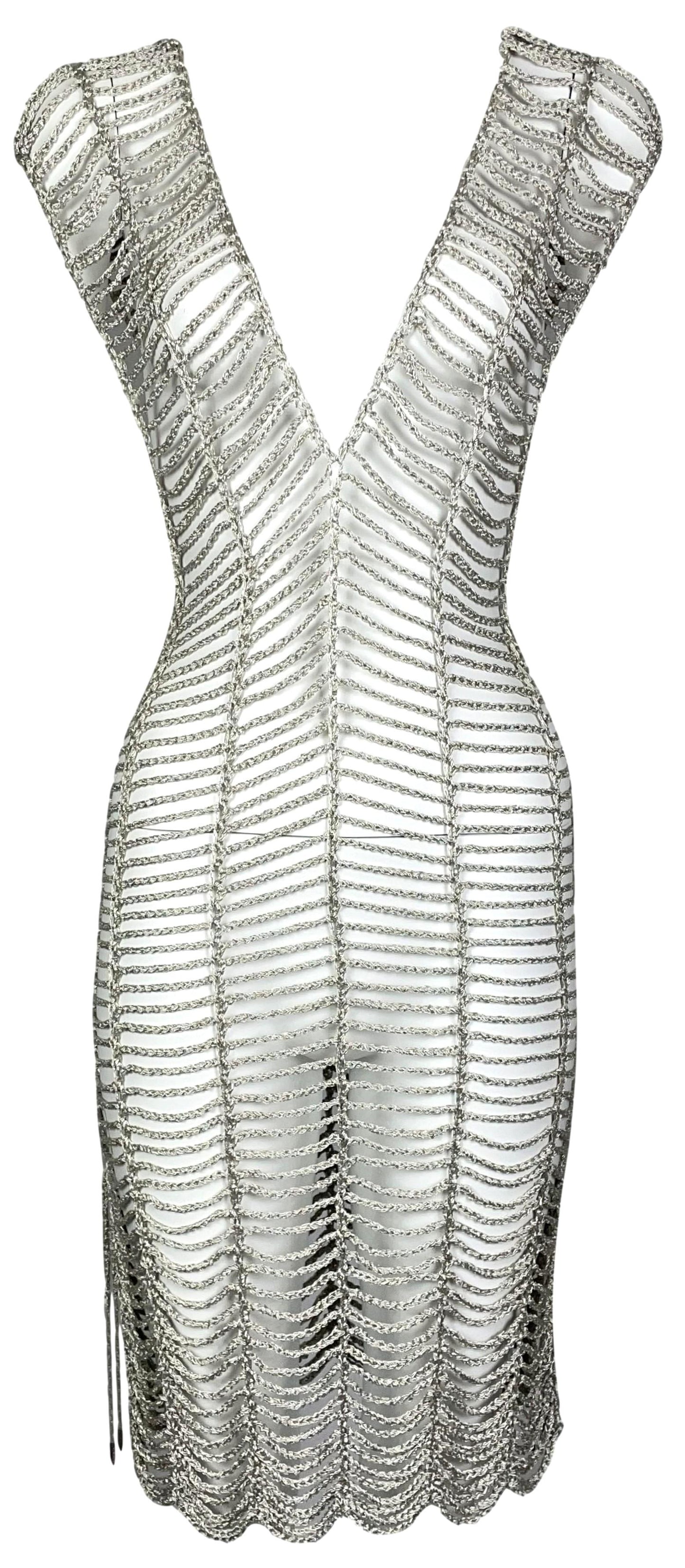 2000's Issey Miyake Sheer Silver Spiderweb Knit Plunging Dress