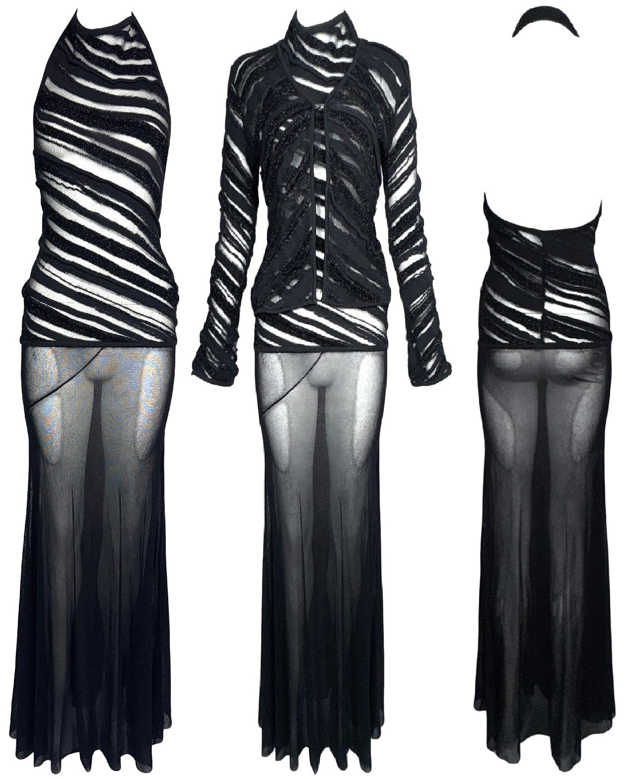 2000's Jean Paul Gaultier Sheer Black Halter Low Back Nylon Maxi Dress & Matching Jacket Set