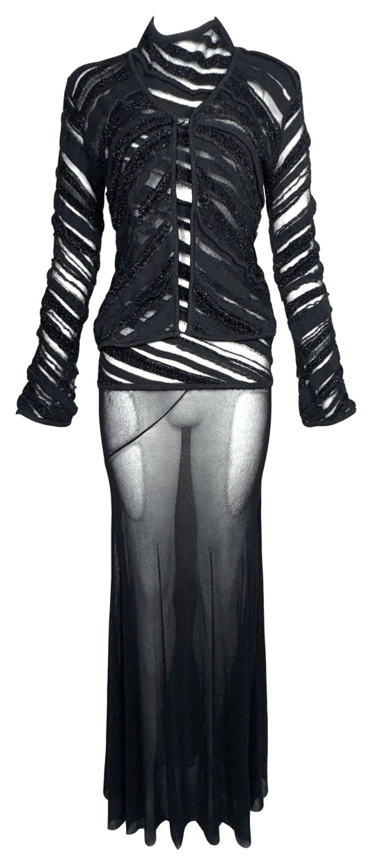 2000's Jean Paul Gaultier Sheer Black Halter Low Back Nylon Maxi Dress & Matching Jacket Set