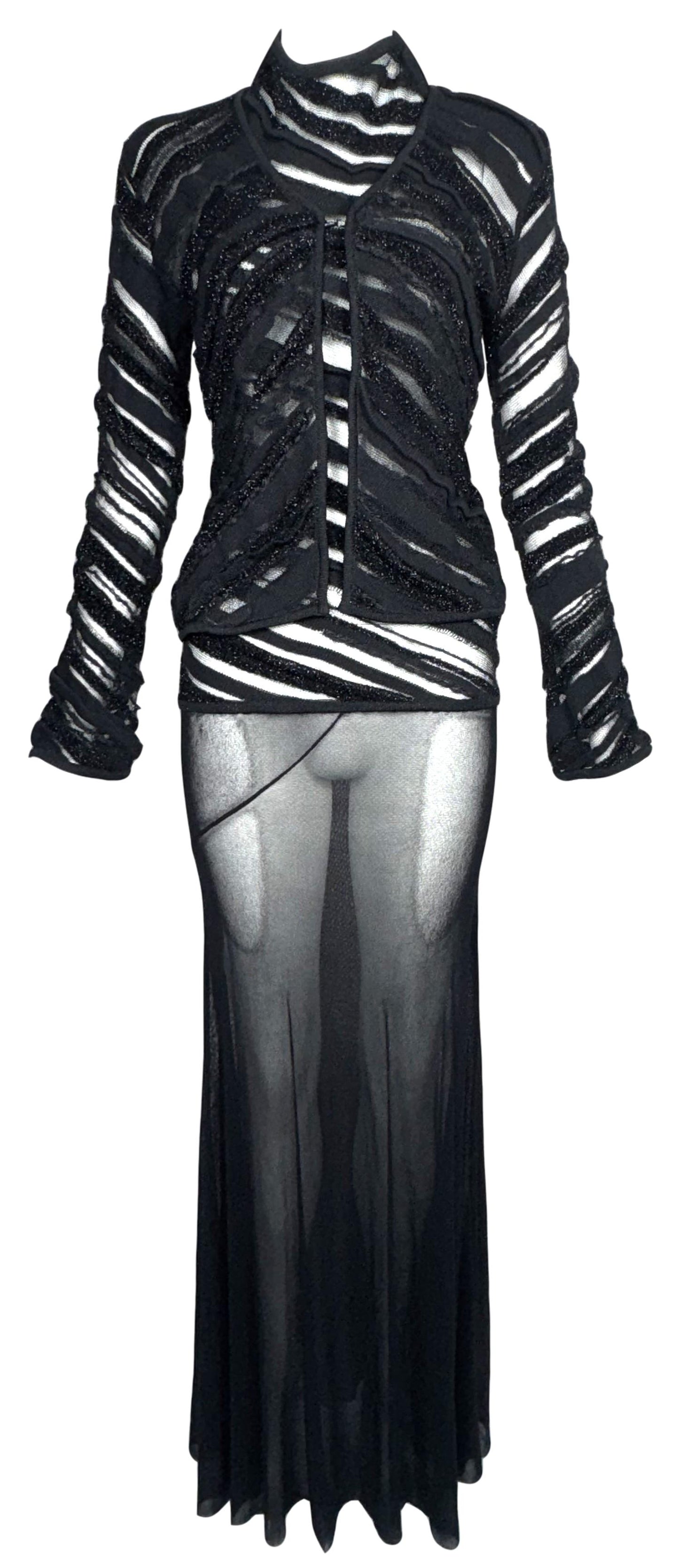 2000's Jean Paul Gaultier Sheer Black Halter Low Back Nylon Maxi Dress & Matching Jacket Set