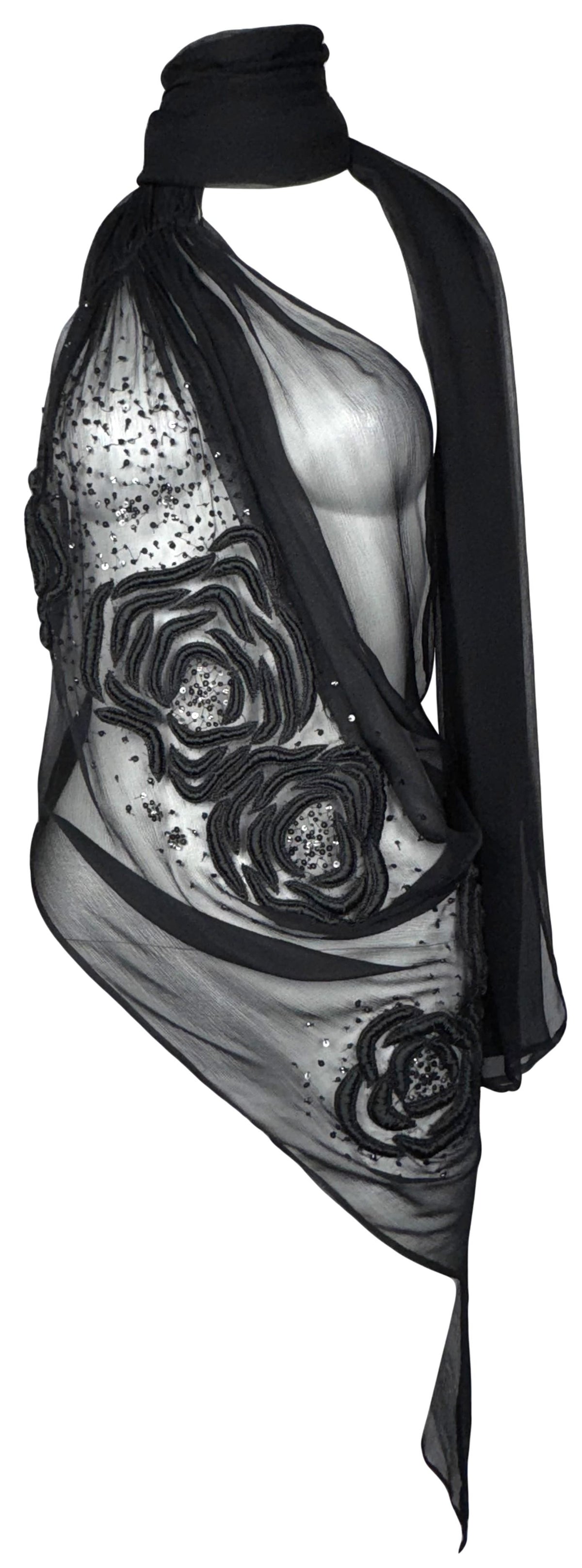 2000's Lloyd Klein Couture Sheer Black Beaded Rose Embroidered Silk Chocker Sash Tunic Mini Dress Top