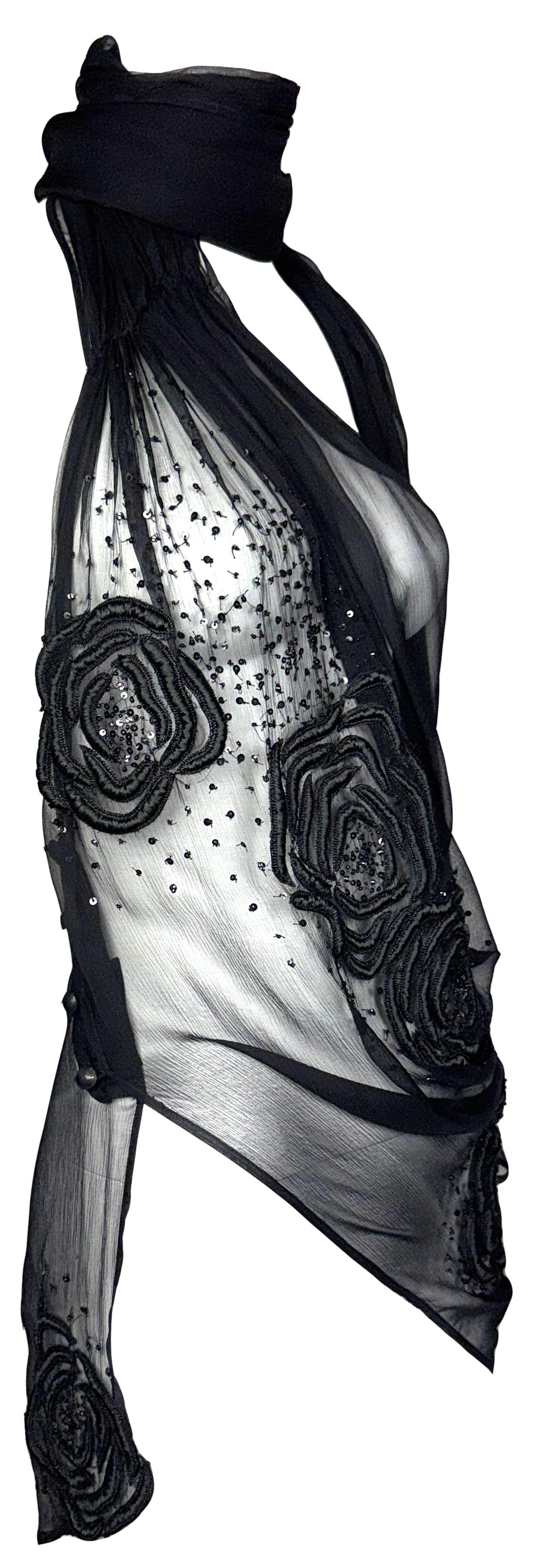 2000's Lloyd Klein Couture Sheer Black Beaded Rose Embroidered Silk Chocker Sash Tunic Mini Dress Top