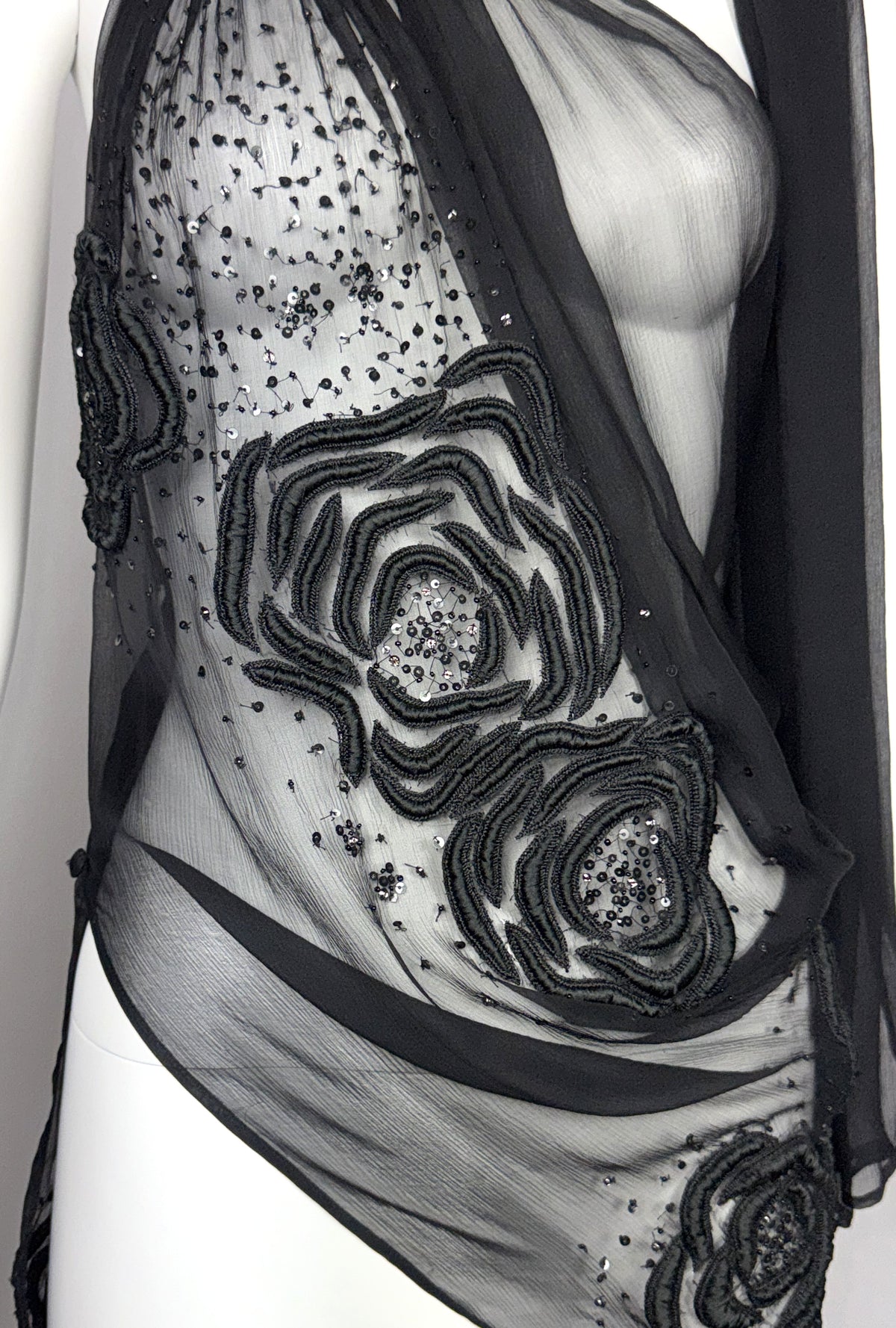 2000's Lloyd Klein Couture Sheer Black Beaded Rose Embroidered Silk Chocker Sash Tunic Mini Dress Top