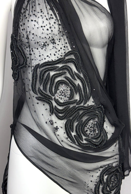 2000's Lloyd Klein Couture Sheer Black Beaded Rose Embroidered Silk Chocker Sash Tunic Mini Dress Top