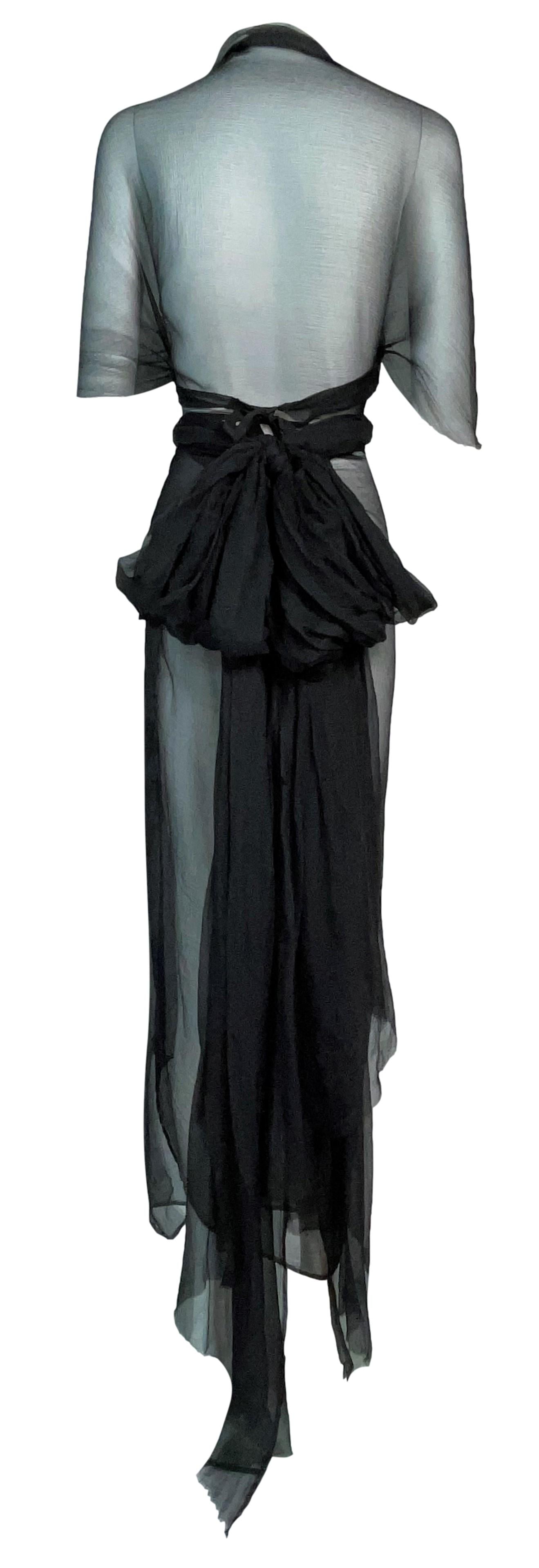 2000's Maison Martin Margiela Artisanal Sheer Black Japanese Kimono Style Wrap Dress w Bow