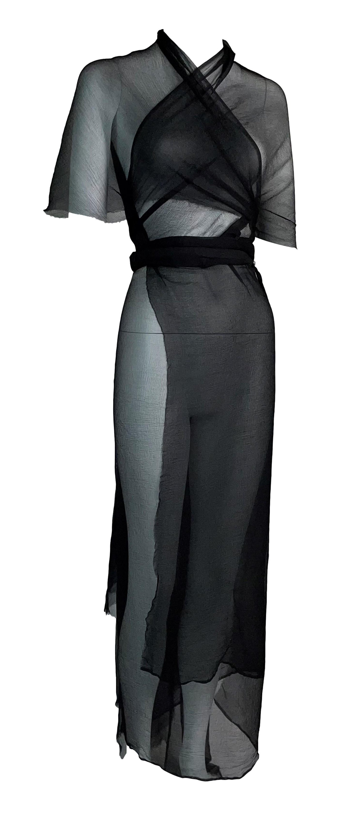2000's Maison Martin Margiela Artisanal Sheer Black Japanese Kimono Style Wrap Dress w Bow